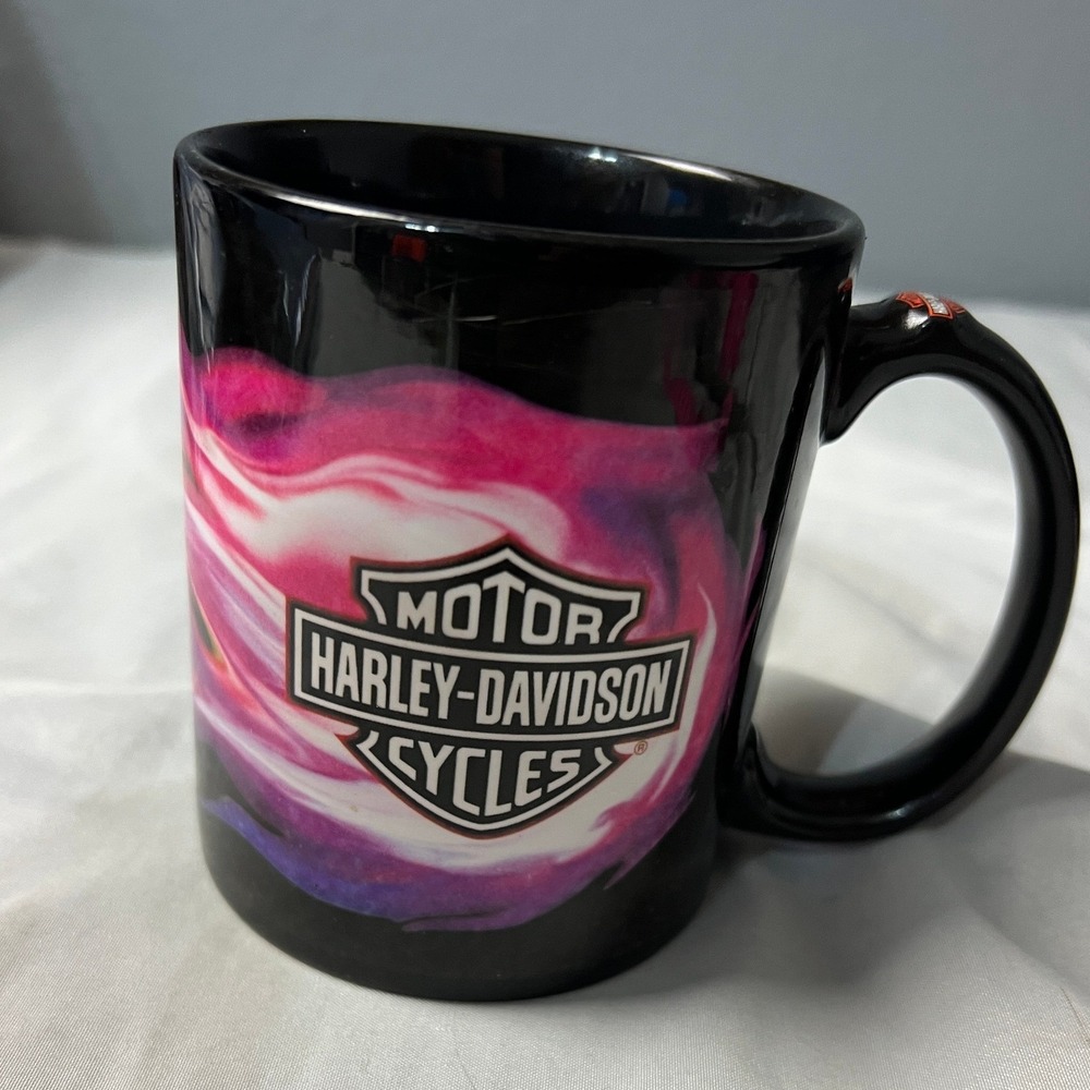 Harley-Davidson Black Ceramic Coffee Mug Pink Purple Swirl Bar & Shield Logo